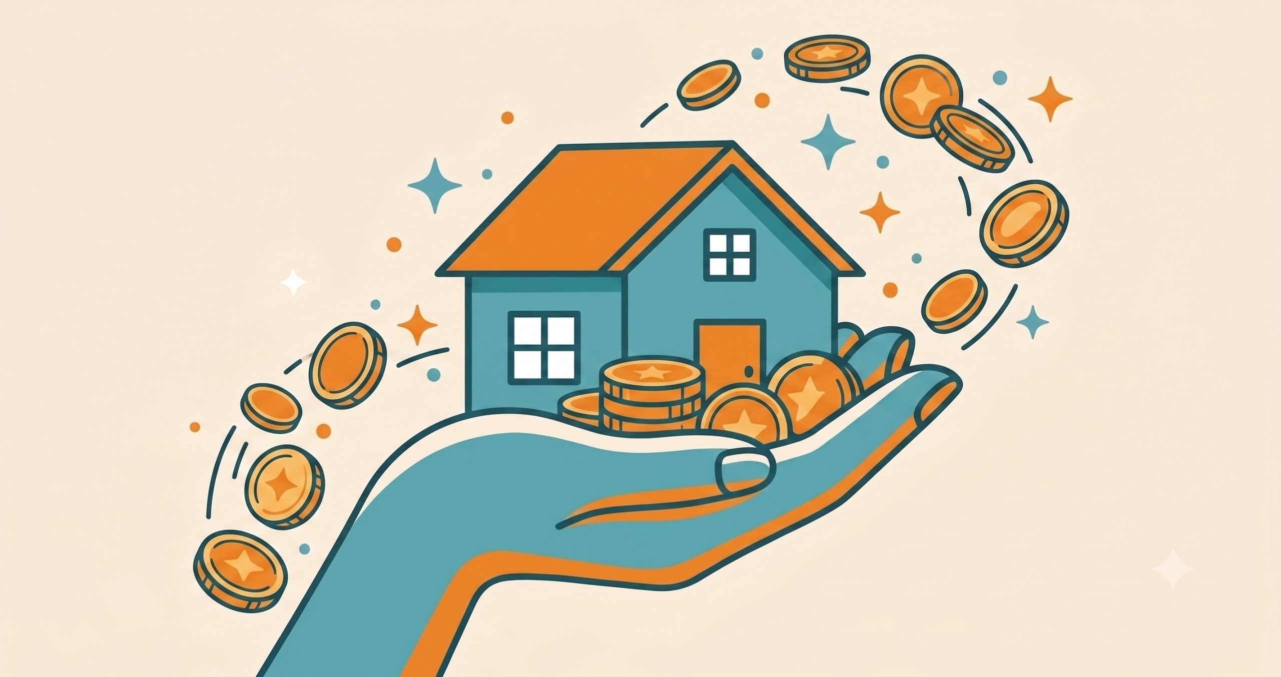 Blue house resting on an open hand with coins flying around, symbolizing housing wealth or investment growth.