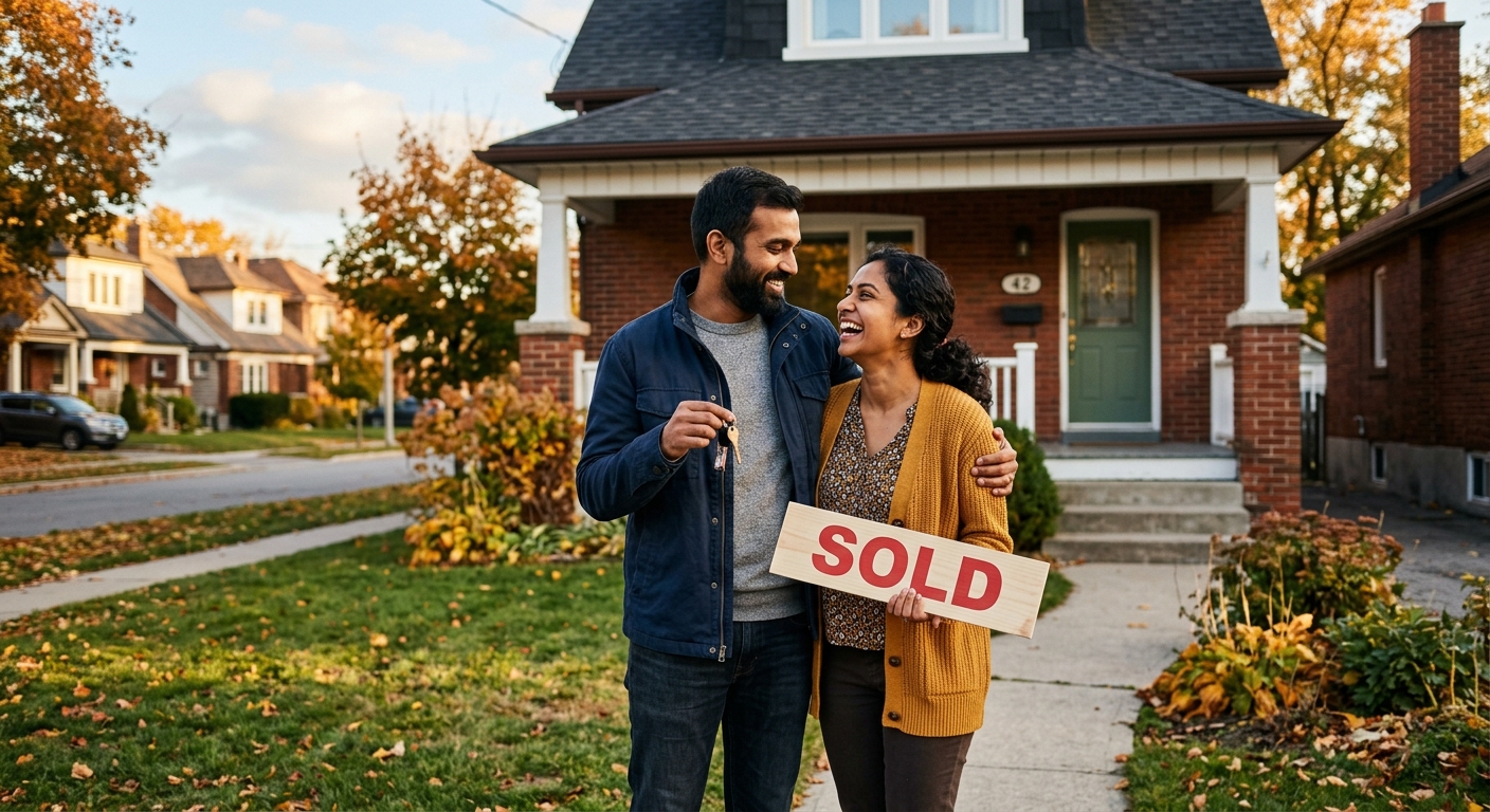 Happy couple standing on a suburban sidewalk with a SOLD sign and keys, in front of a brick house during fall foliage.
