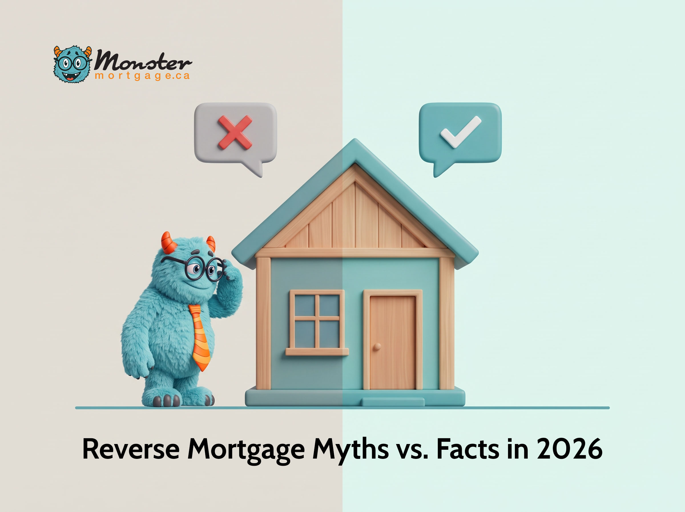 Illustration debunking reverse mortgage myths, showing a house split into a grey "myth" side with an X and a teal "fact" side with a checkmark, with the MonsterMortgage.ca mascot examining it.