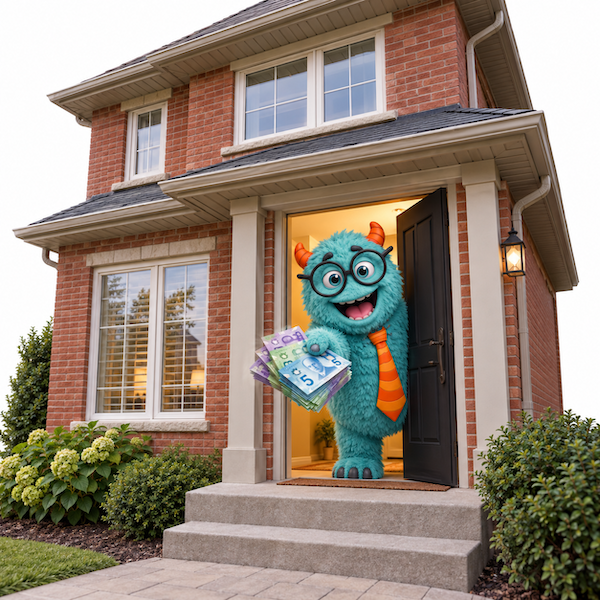 MonsterMortgage.ca mascot at the front door holding cash