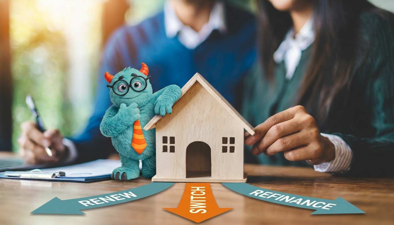 Couple reviewing mortgage papers beside a wooden house model and monster mascot, with arrows labelled renew, switch and refinance