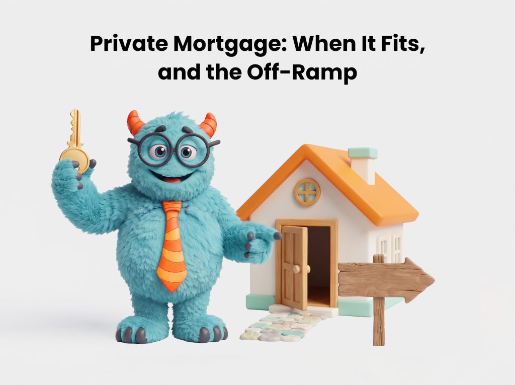 Monster mascot holding a house key beside a small house, pointing to an arrow sign that marks the exit plan