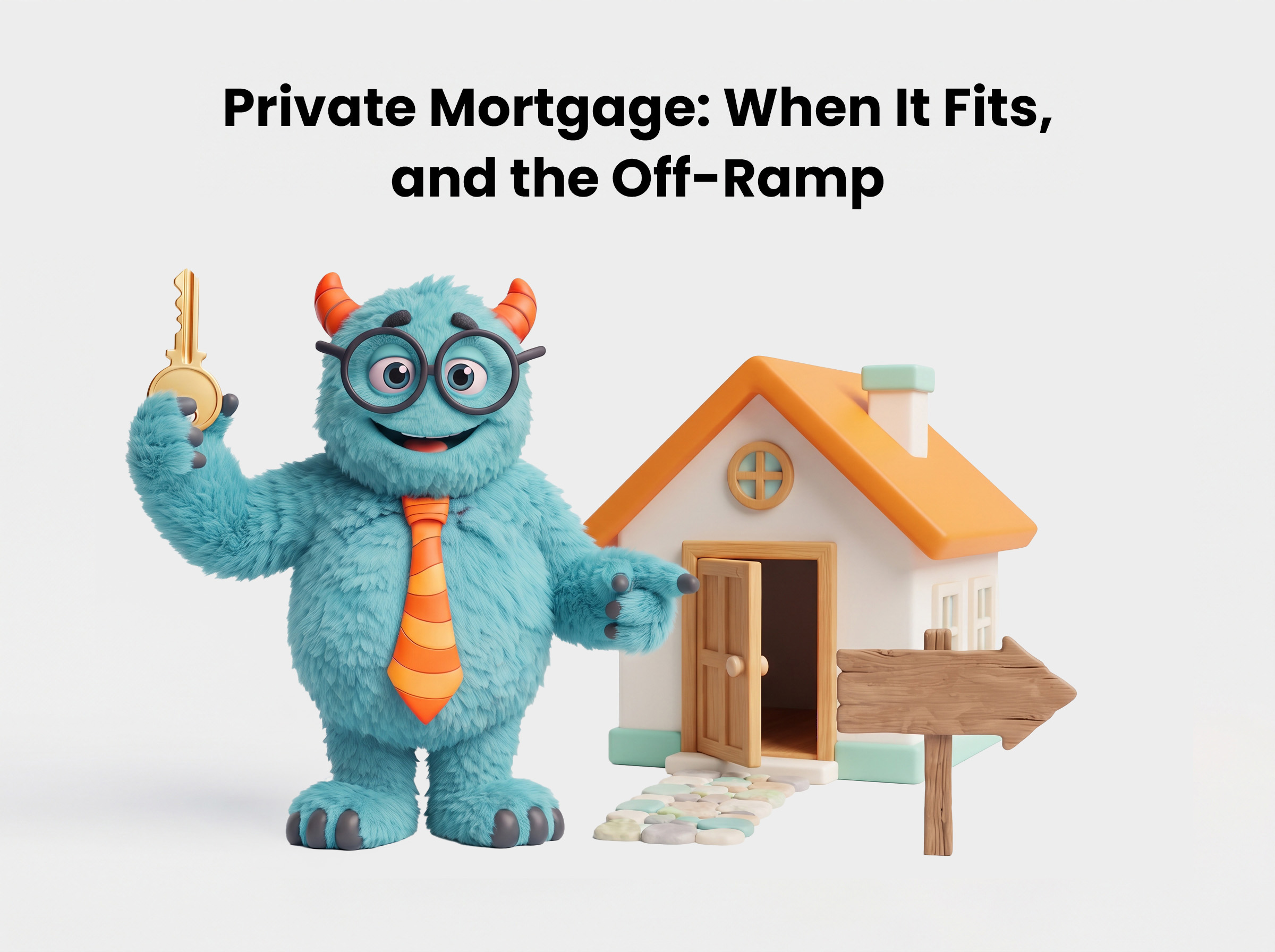 Monster mascot holding a house key beside a small house, pointing to an arrow sign that marks the exit plan