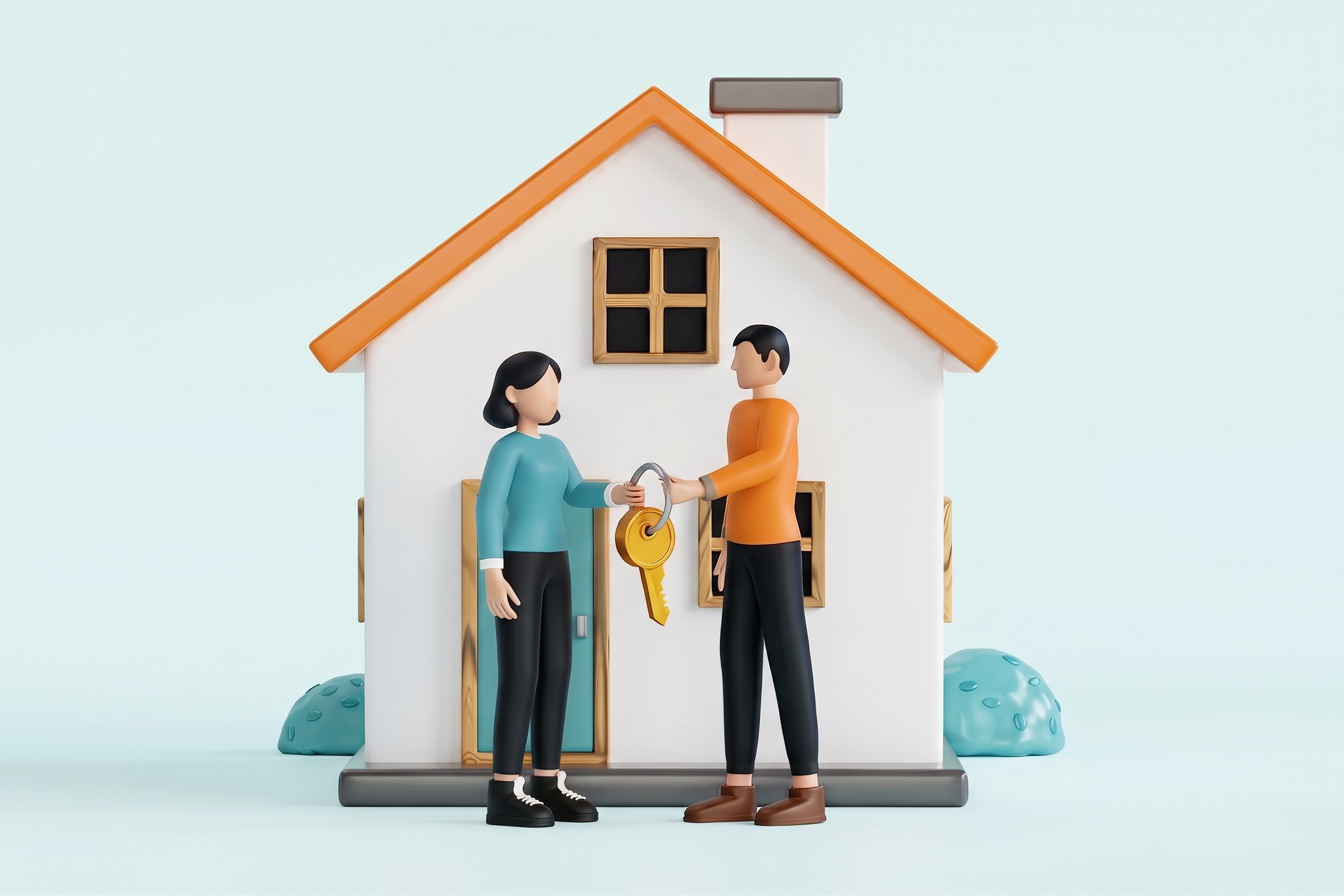Two people in front of a house, one handing a house key to the other at the front door
