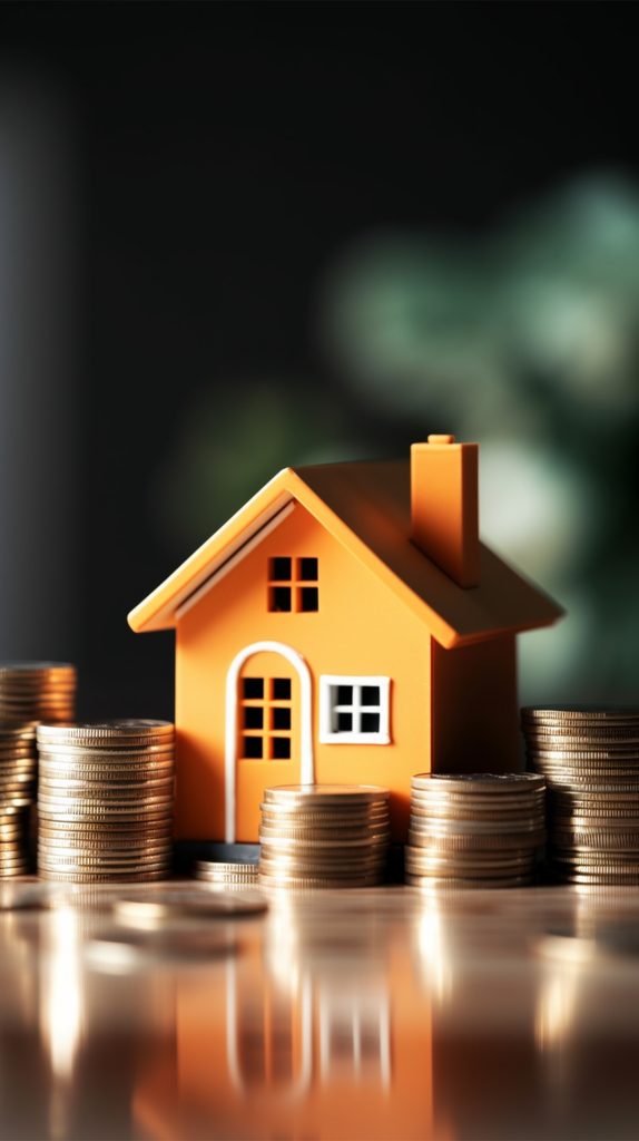 Toy house on stacks of coins representing the equity in a home